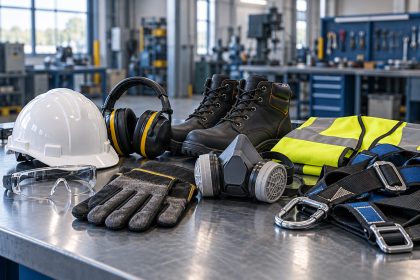Elementos de protección personal para distintas tareas: casco, anteojos, guantes, respirador, chaleco, botas y arnés.